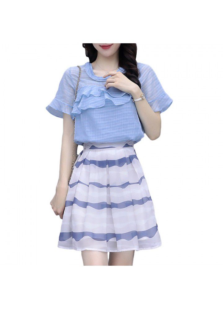 Skirt suit women's summer new dress 2021 show thin and small Fashion Chiffon Top Skirt two piece set