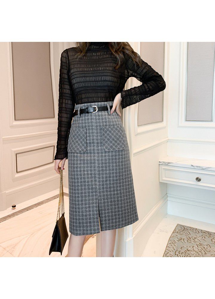 Autumn and winter 2020 new woolen Plaid mid length skirt with high and thin waist