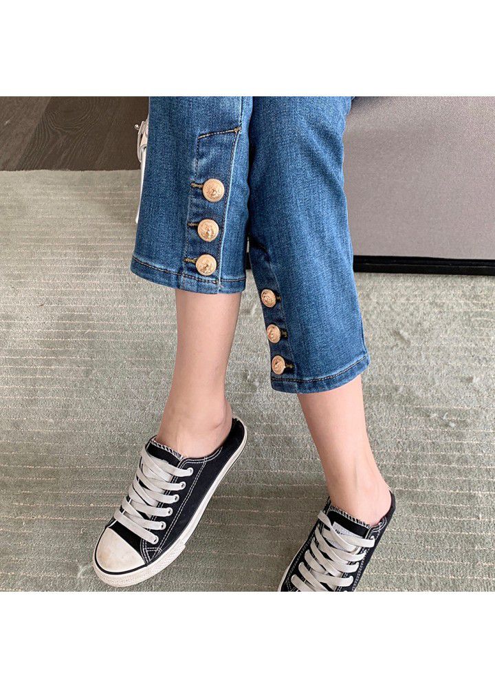 Real photo in spring and summer of 2021 jeans women's slim high waisted breasted cropped straight pipe pants