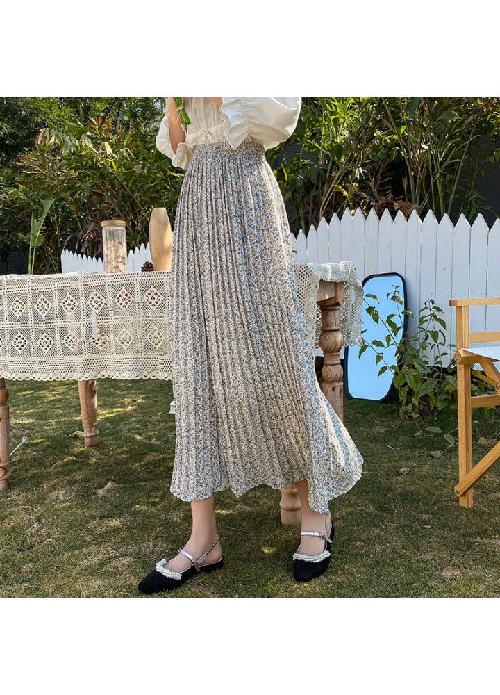Real photo 2021 summer new high waist and thin temperament chiffon skirt versatile long skirt women's pleated floral skirt
