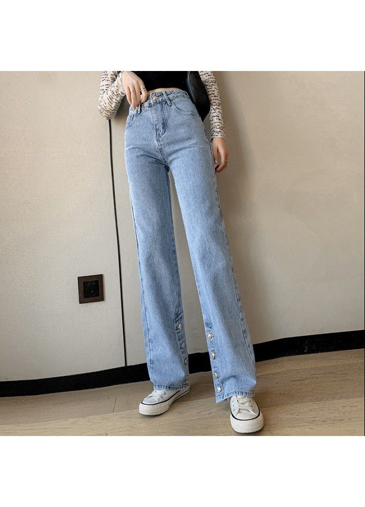 2021 spring and summer new split jeans women's straight tube loose mop pants pants wide leg pants high waist