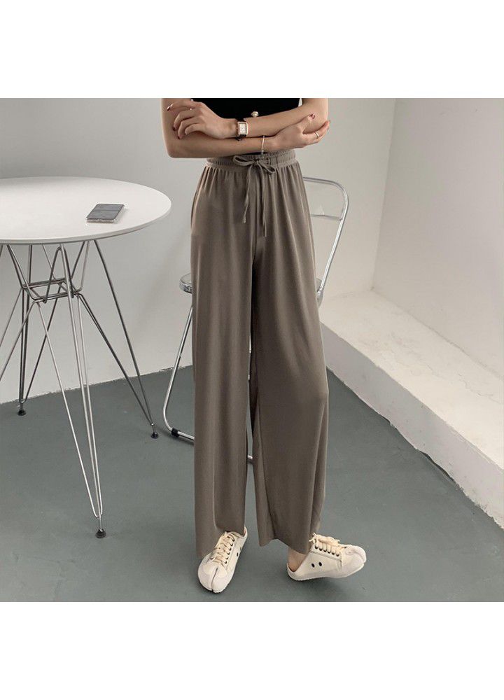 Ice silk wide leg pants women's high waist 2021 summer new thin vertical loose straight knitted casual pants