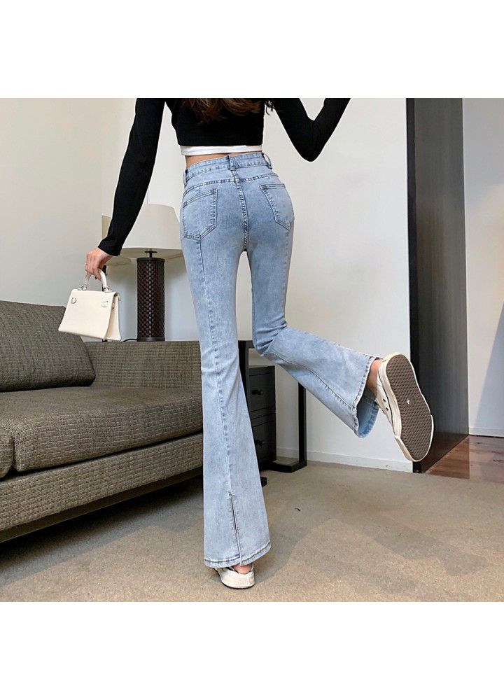 2021 spring Hong Kong style retro chic split flared jeans women's high waisted slim pants