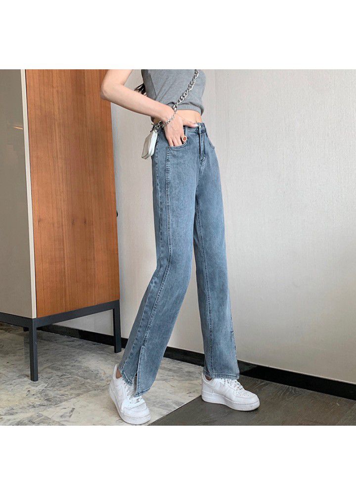 2021 split jeans women's straight tube loose spring and summer new elastic super soft high waist show thin wide leg drop feeling mop the floor