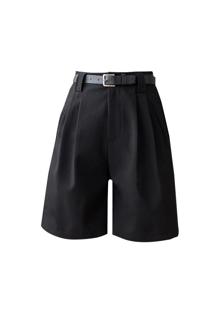 2021 spring and summer new casual pants women's High Waist Wide Leg Pants show thin suit 5-point shorts loose straight belt