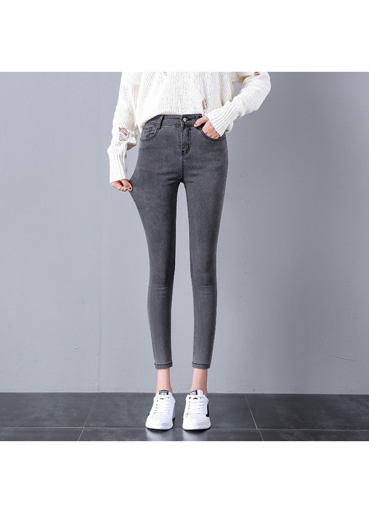 High waisted jeans women's Capris spring Korean version slim feet stretch black student pencil Capris