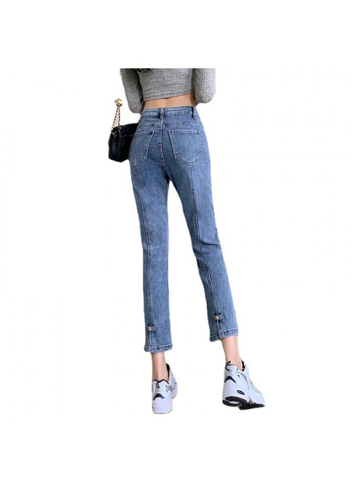 2021 new spring high waist split straight jeans women's spring elastic small pipe Pants Capris