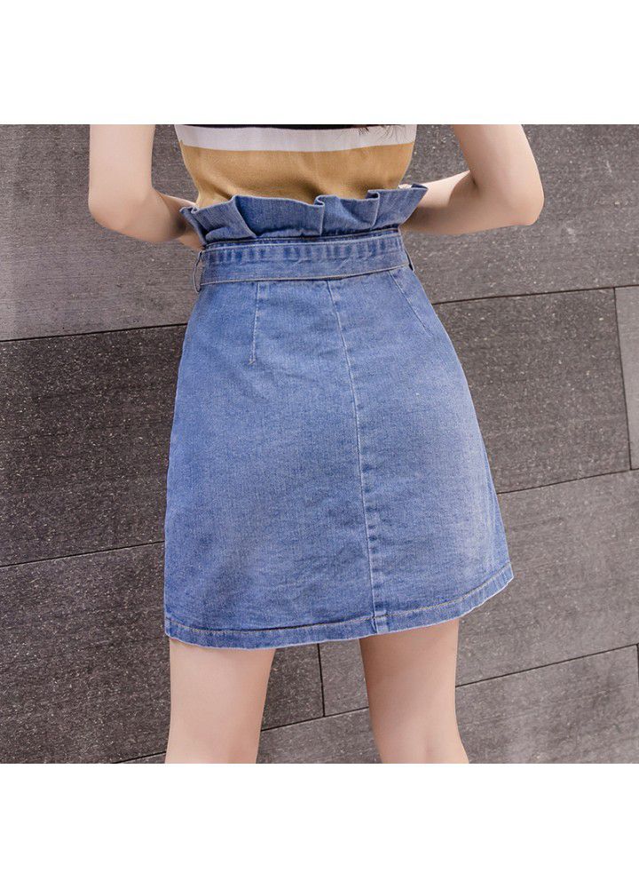 Real shot 2021 summer new Korean versatile bract high waist bow denim skirt women's A-line skirt