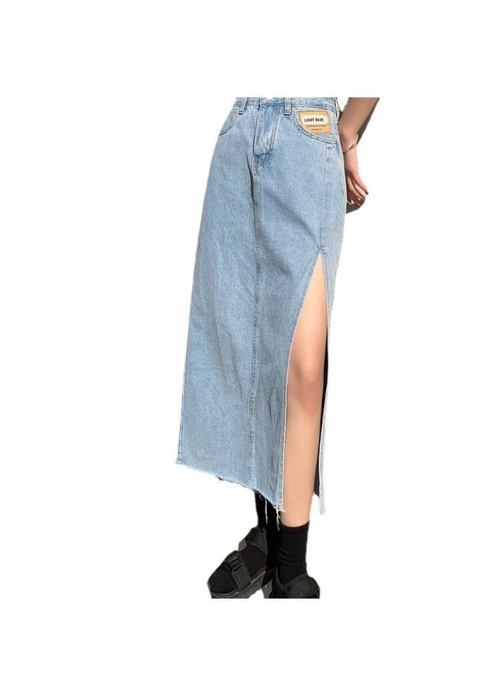 High waist side split denim skirt for women in summer 2021