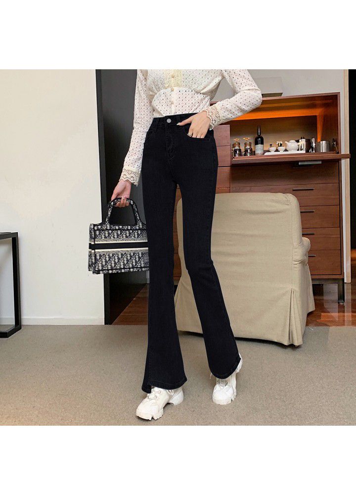 2021 new black dark blue micro trumpet jeans women's 9-cent slim High Waist Stretch wide leg mop the floor in spring