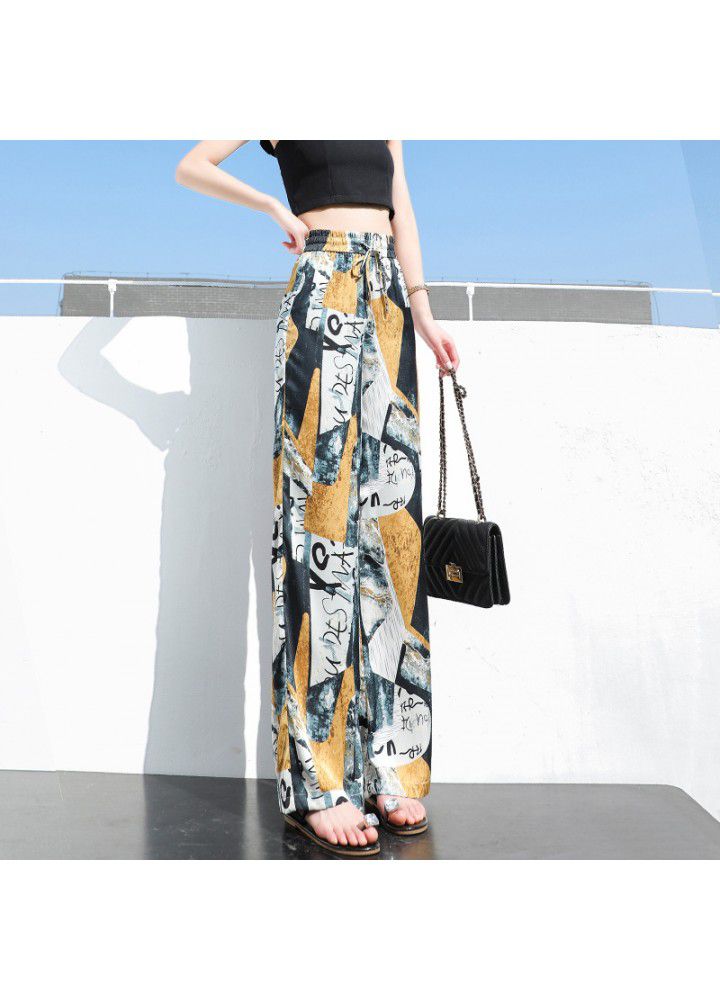 Large size wide leg pants 2021 summer new casual women's print tie dye loose Korean Girls College style pants