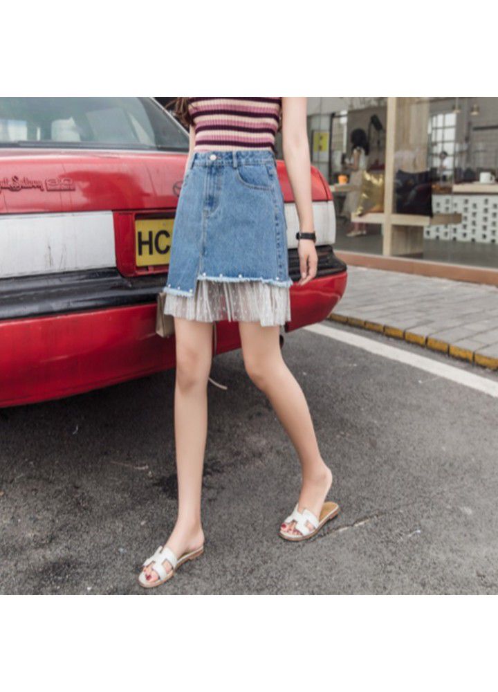 Real shot 2021 summer new Korean versatile high waist mesh splicing denim skirt women's A-line short skirt