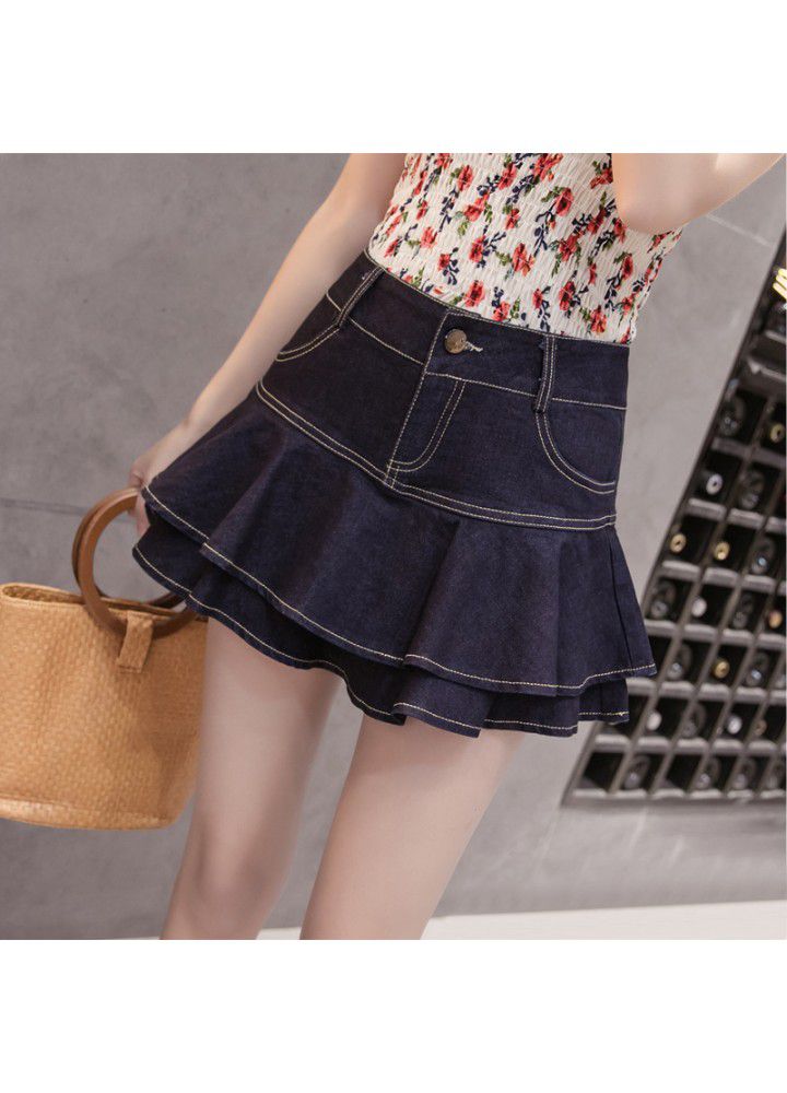 Real shot 2021 summer new Korean versatile high waist Ruffle stitching denim skirt women's temperament skirt