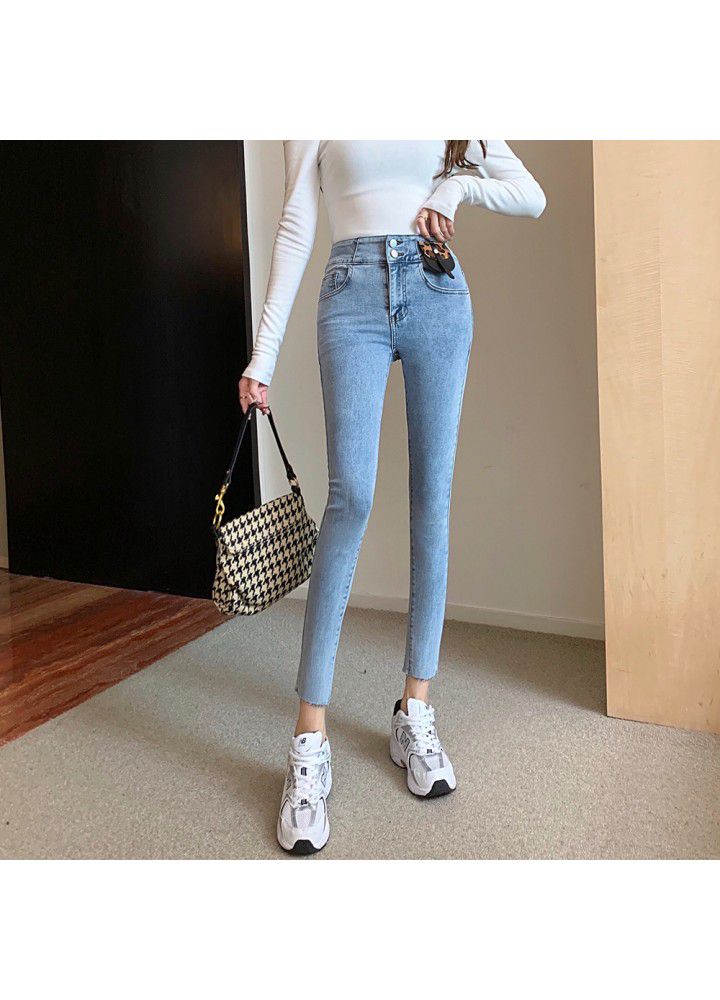 2021 spring and summer high waist jeans female leopard print Han stretch slim pencil pants tight feet 9 points