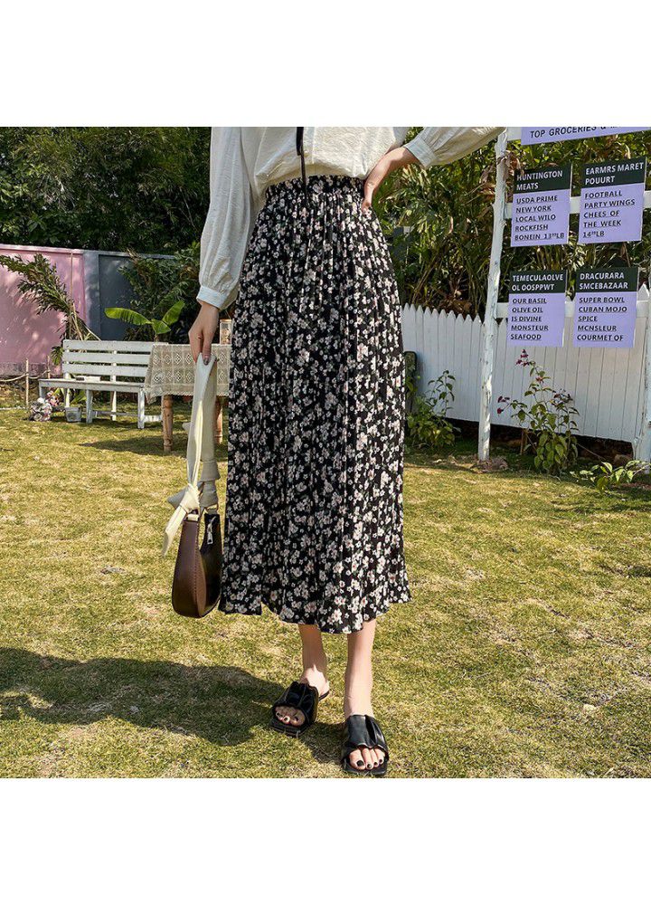 Real shot floral skirt women's 2021 summer mid length skirt high waist and thin A-line skirt long Chiffon pleated skirt women's dress
