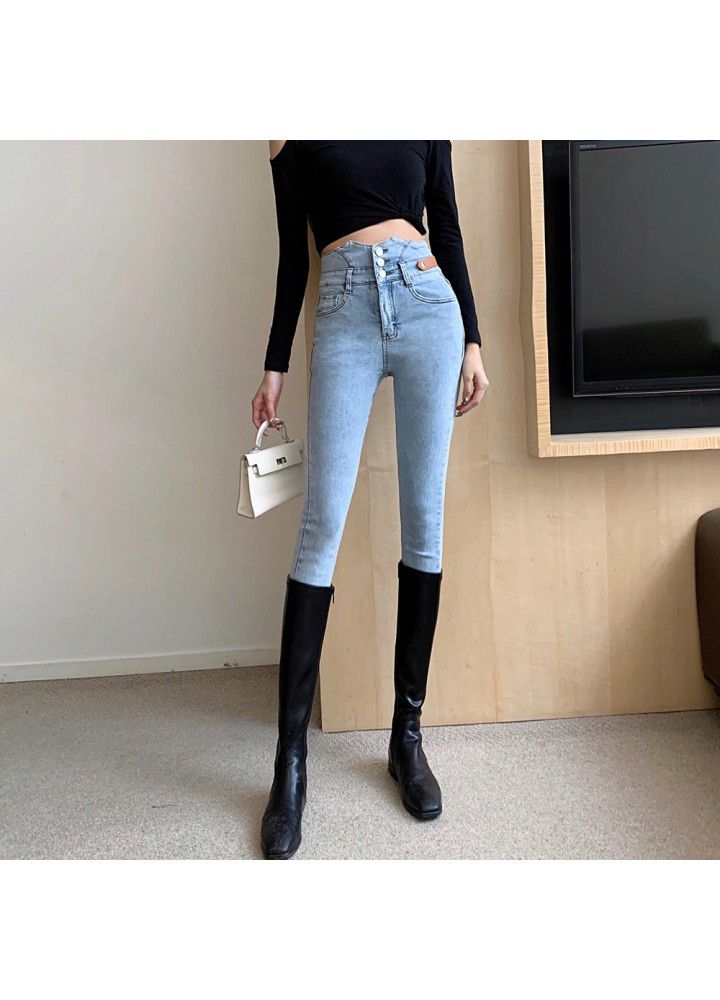 Real shot 2021 spring high waist thin irregular leg jeans women's elastic leather pencil 9 points