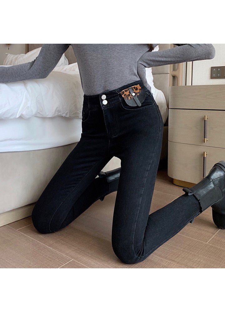 2021 spring and summer high waist jeans female leopard print Han stretch slim pencil pants tight feet 9 points