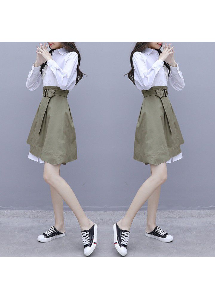 White shirt long sleeve dress spring new women spring autumn 2021 popular skirt suit two piece set