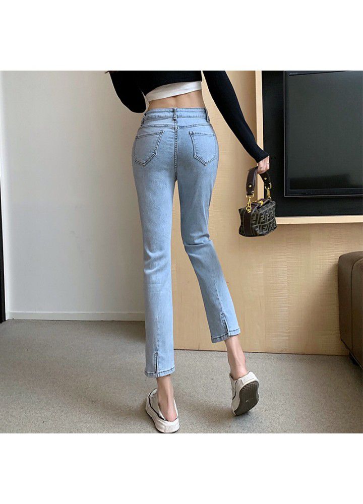 2021 spring new style flannel nine point denim pipe pants with split elastic high waist and straight tube, slim and fashionable