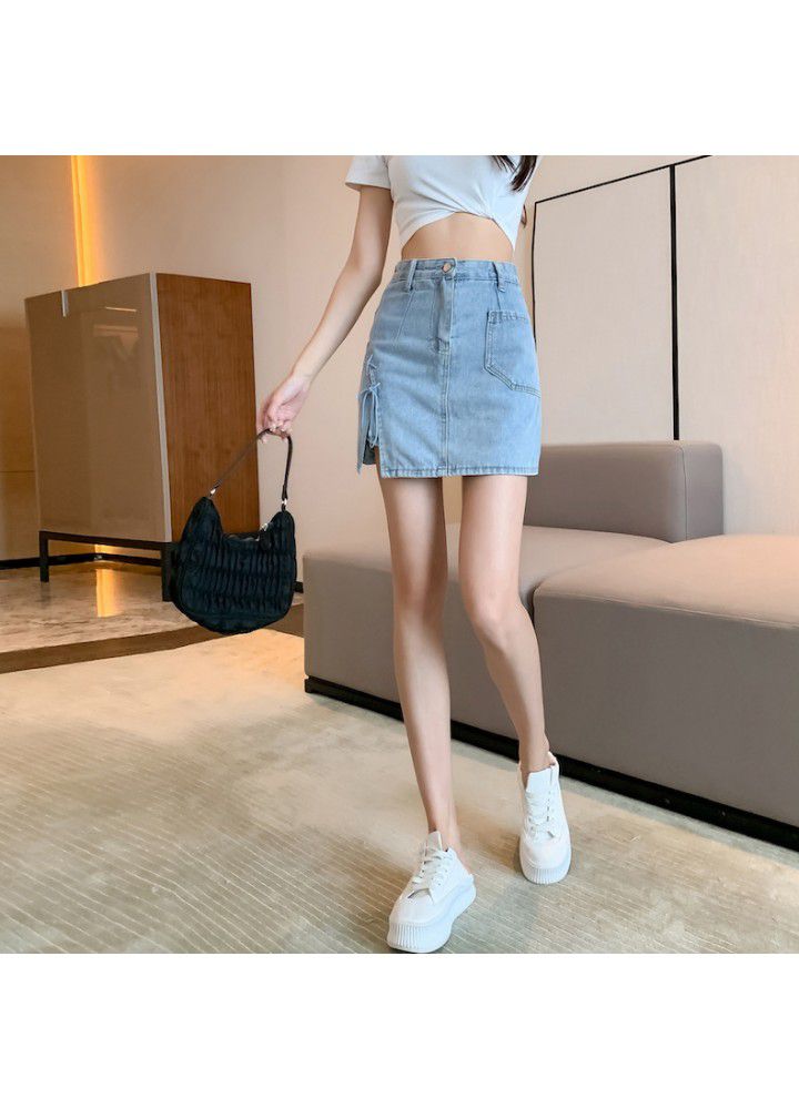 Skirt denim summer thin high waist slim slim show slim fashion split irregular A-line short skirt