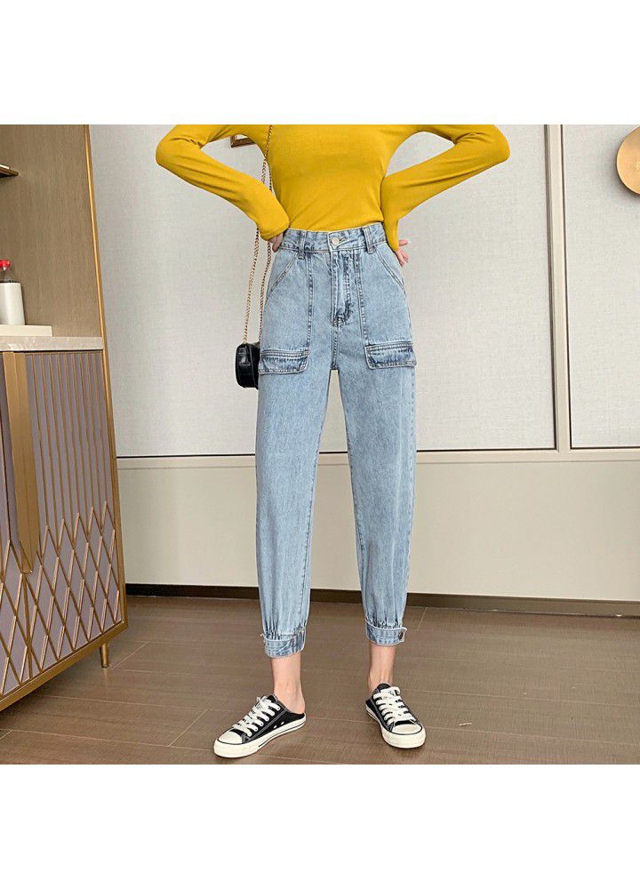2021 spring and summer overalls women's high waist legged radish pants nine cool cool cowboy daddy pants small man