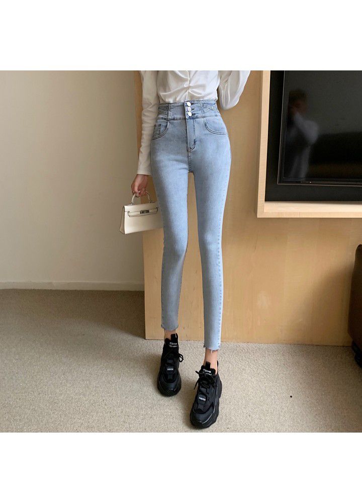 2021 new breasted high waist skinny jeans for women in spring and Autumn