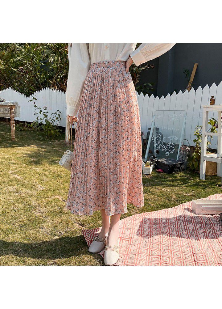 Real shot floral skirt women's 2021 summer mid length skirt high waist and thin A-line skirt long Chiffon pleated skirt women's dress