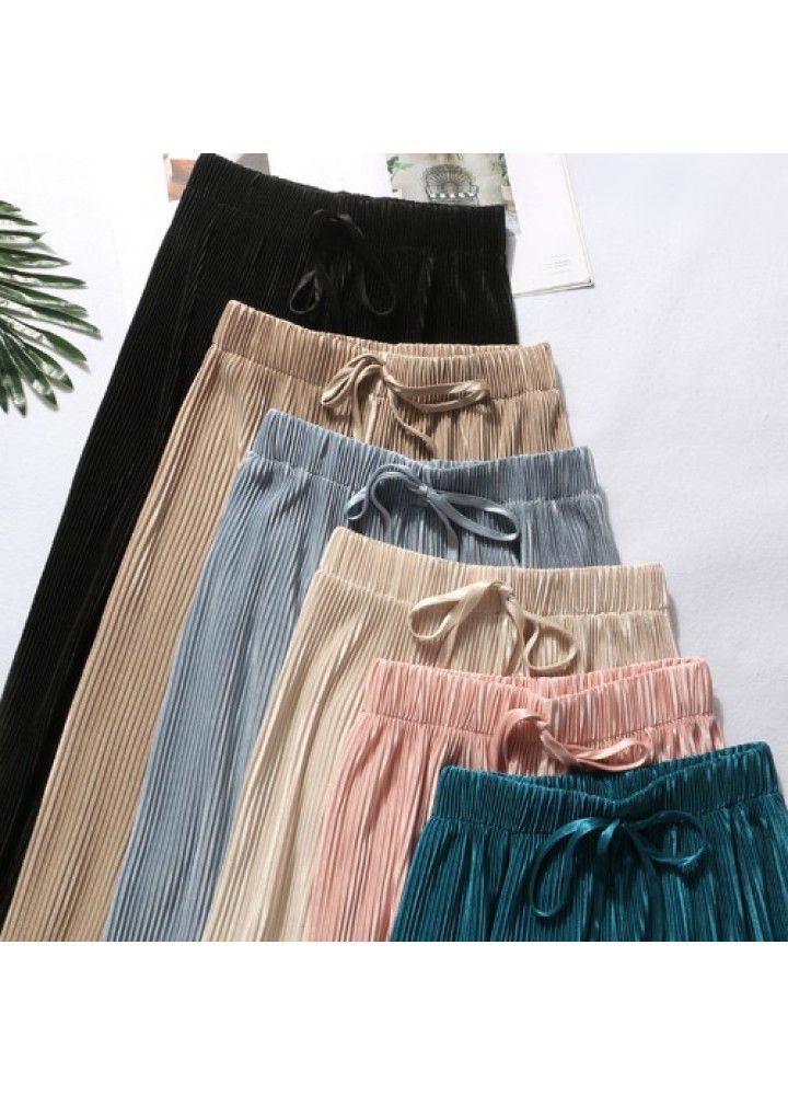 Pleated ice silk wide leg pants women's high waist drop 2021 summer thin loose long floor pants casual pants