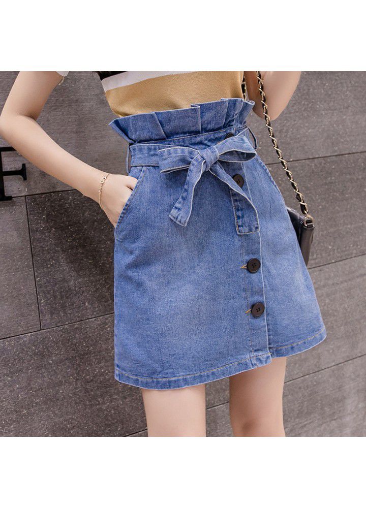 Real shot 2021 summer new Korean versatile bract high waist bow denim skirt women's A-line skirt