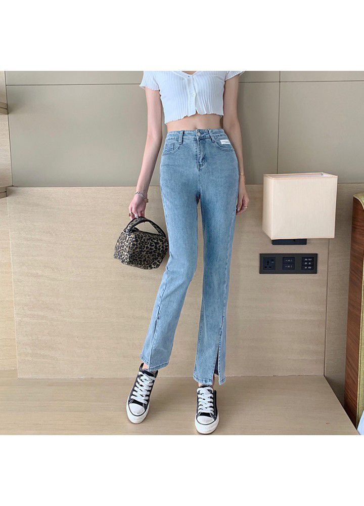 2021 spring new photo light color high waist jeans women's slim slim slim wide leg straight tube micro pants