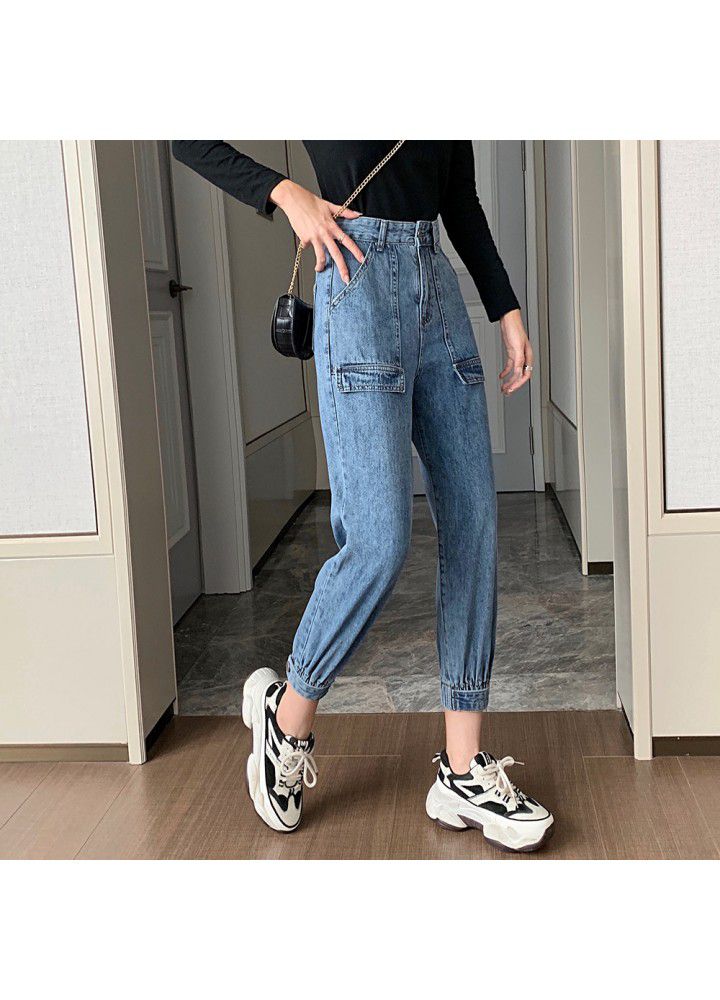 2021 spring and summer overalls women's high waist legged radish pants nine cool cool cowboy daddy pants small man