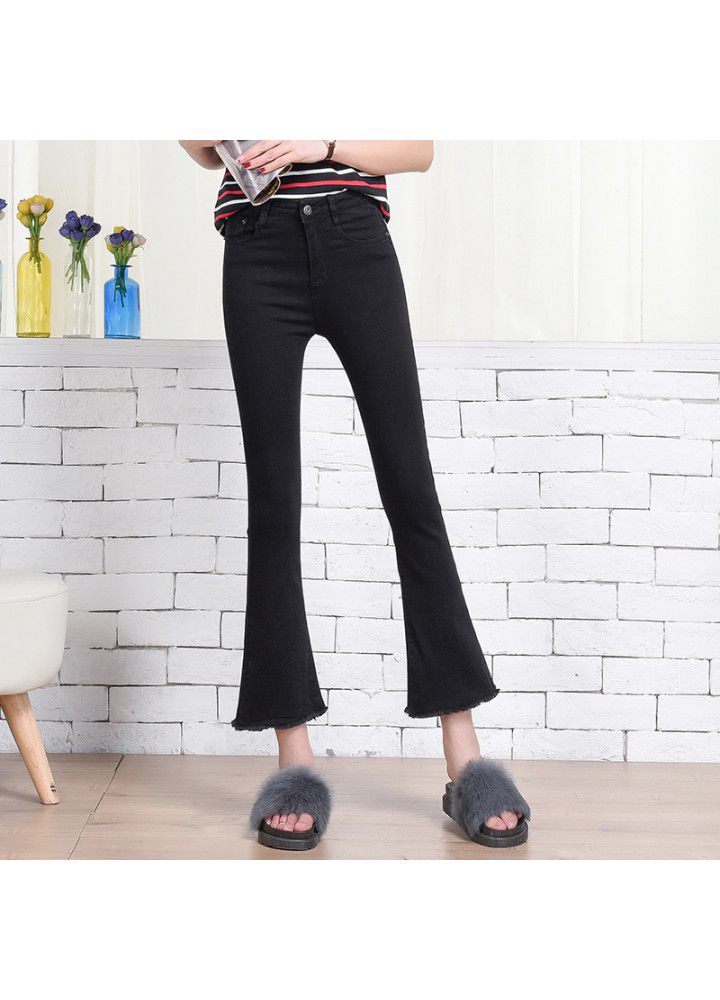 High waist 9-point flared jeans girls' stretch slim hem 9-point pants women's Korean tassel pants
