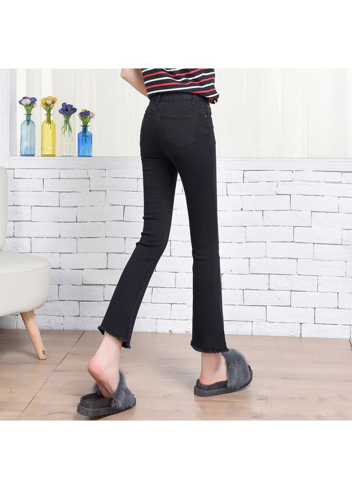 High waist 9-point flared jeans girls' stretch slim hem 9-point pants women's Korean tassel pants