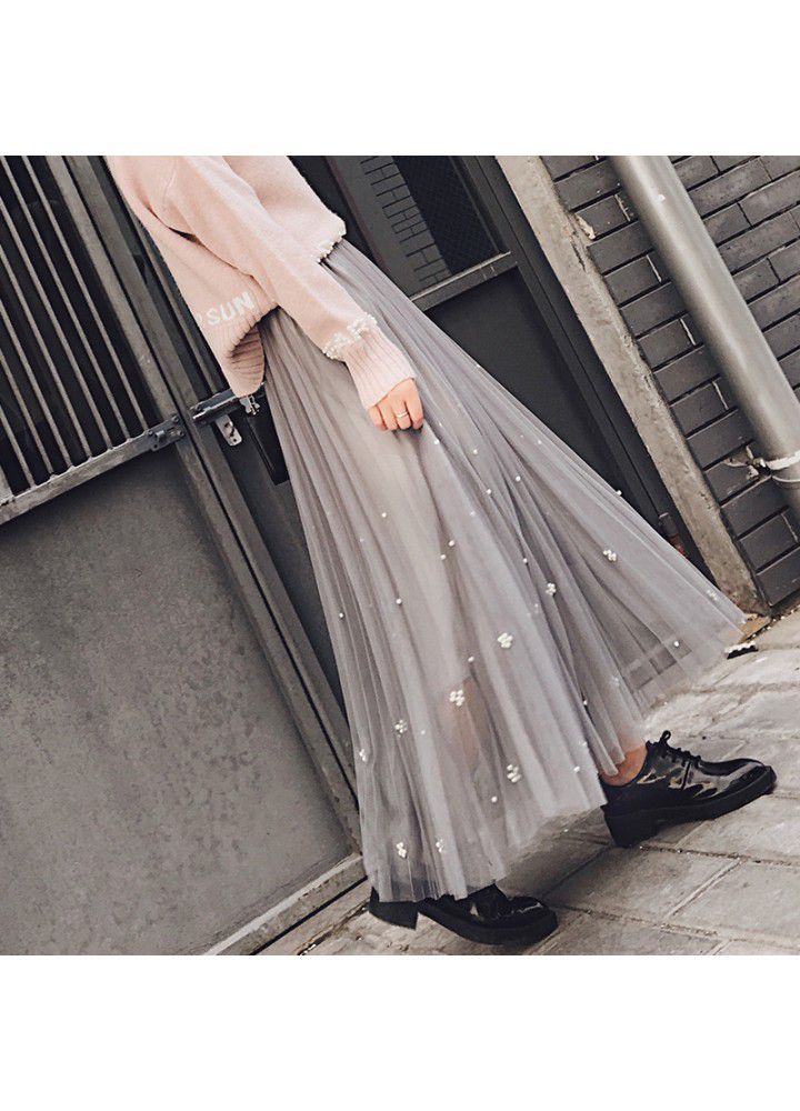 Real shot 2020 spring new Korean women's heavy industry beading fashion versatile gauze skirt