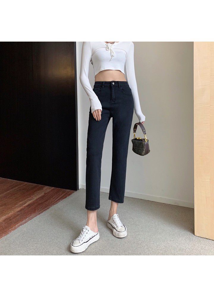 2021 spring new style flannel nine point denim pipe pants with split elastic high waist and straight tube, slim and fashionable