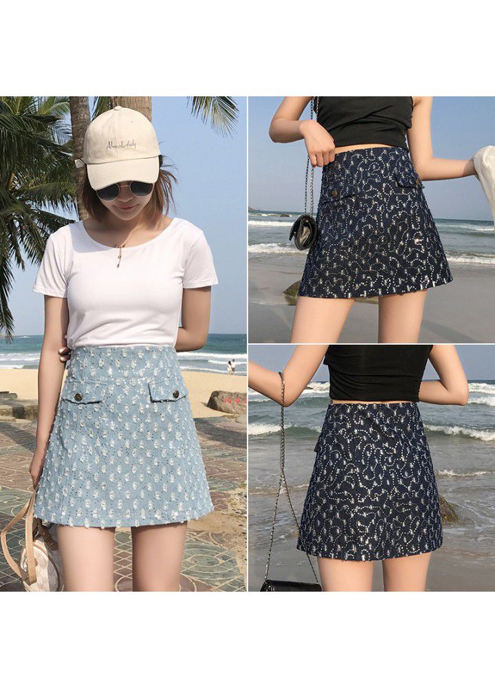 Real shot 2021 summer new Korean version versatile high waist Sequin holes show thin A-line short skirt denim skirt women