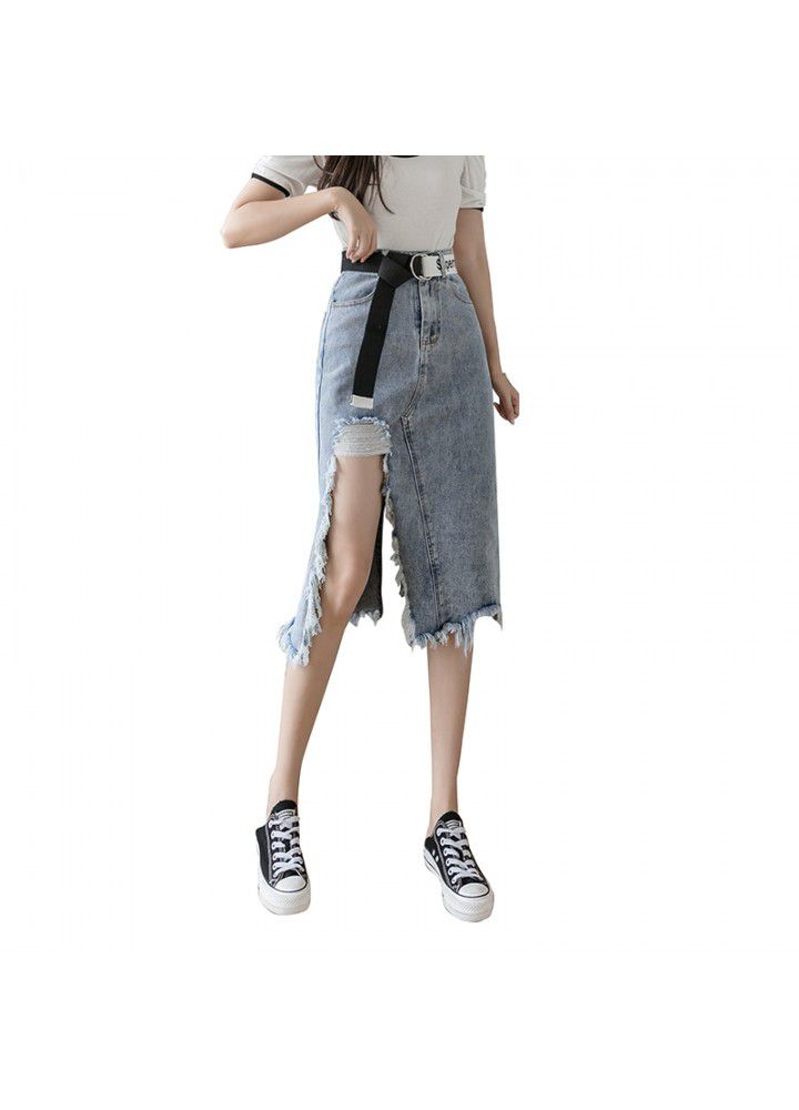 Real shot 2021 summer new Korean versatile high waist rough hem mid length denim skirt women's delivery belt