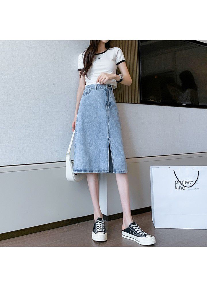 Split length denim skirt women's summer new cotton high waist slim temperament age reduction package hip skirt wholesale