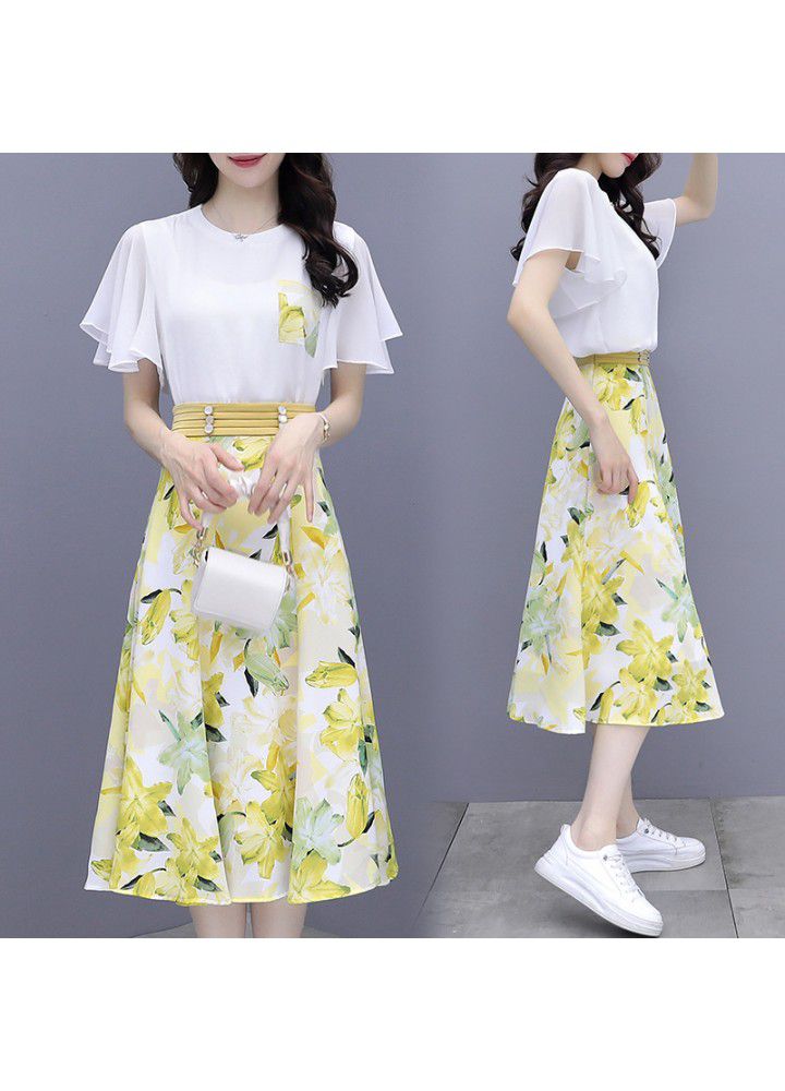 Skirt suit women's summer dress 2021 new slim T-Shirt Top printed half length skirt two piece women's dress