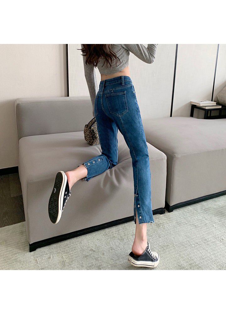 Wholesale 2021 spring high waist jeans women's straight tube loose and thin stitching button pipe