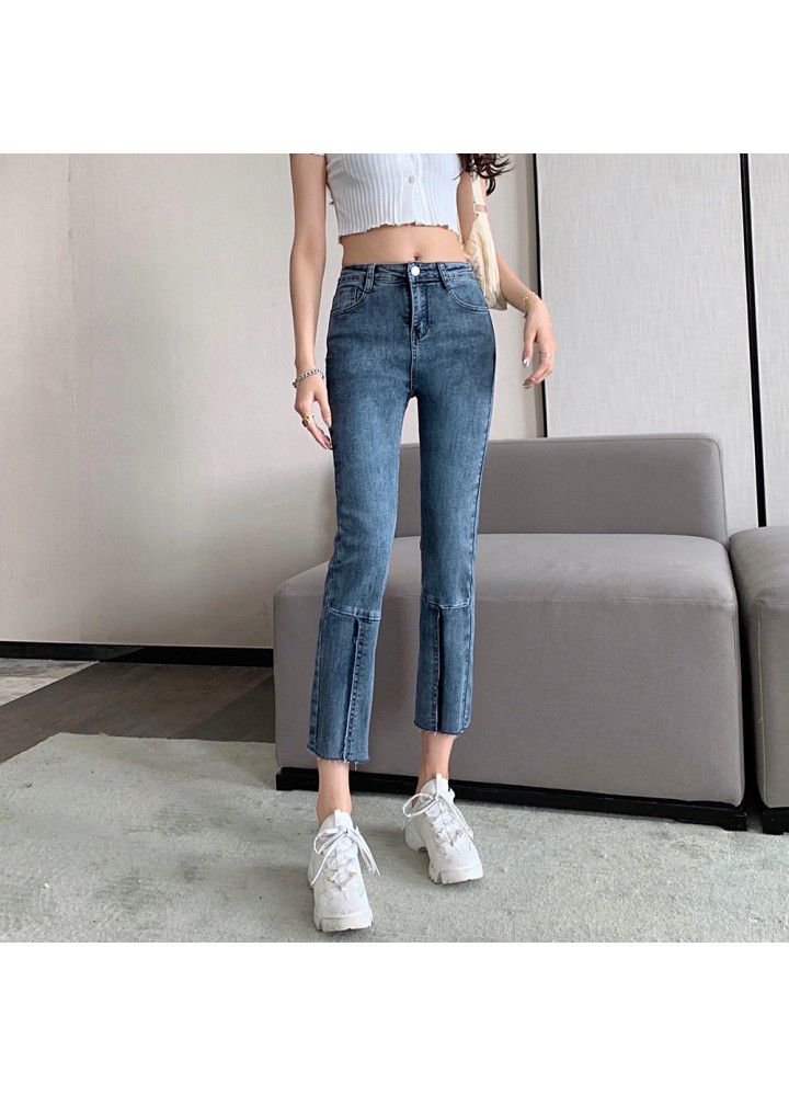 Real photo of spring 2021 stretch jeans women chic straight tube splicing show thin high waist 9% summer fashion