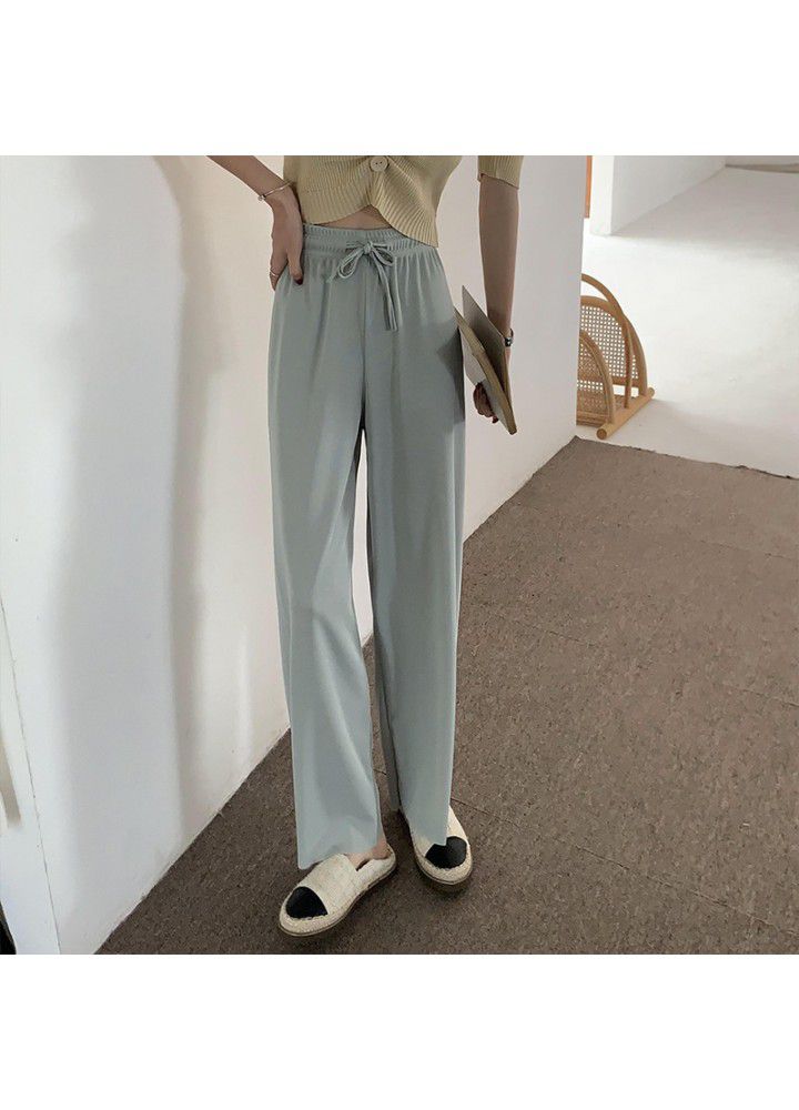 Ice silk wide leg pants women's high waist 2021 summer new thin vertical loose straight knitted casual pants