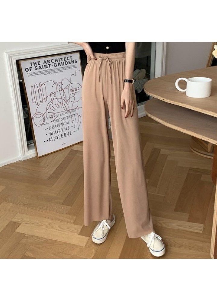 Ice silk wide leg pants women's high waist 2021 summer new thin vertical loose straight knitted casual pants