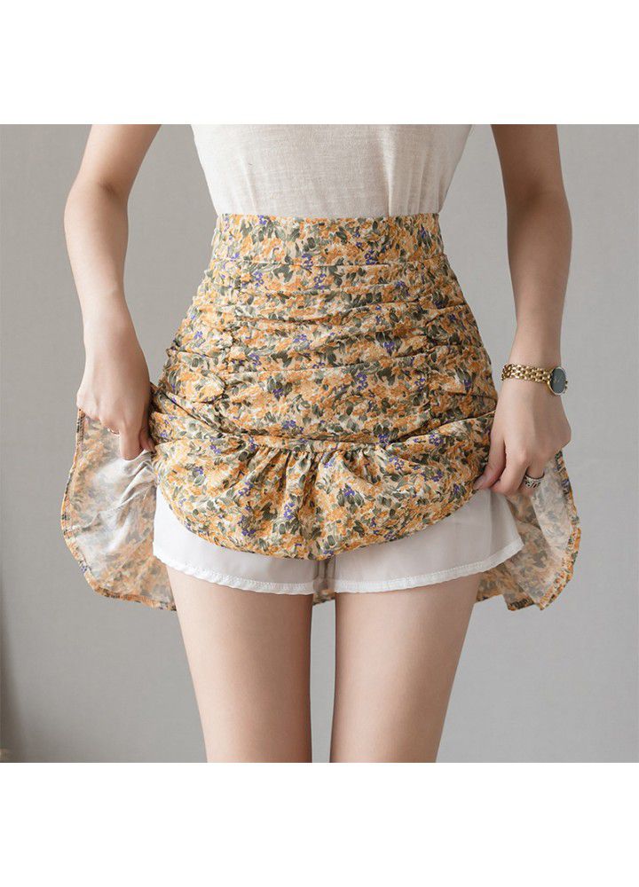 Real shot 2021 summer new Korean floral A-line short skirt, versatile high waist Ruffle Skirt