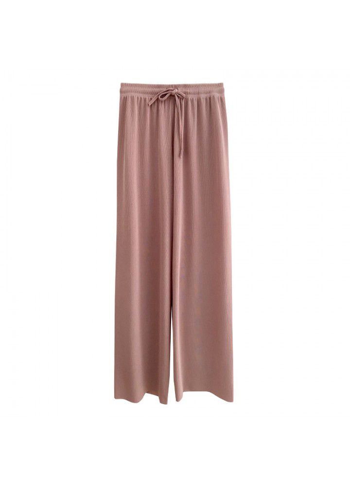 Ice silk wide leg pants women's high waist 2021 summer new thin vertical loose straight knitted casual pants