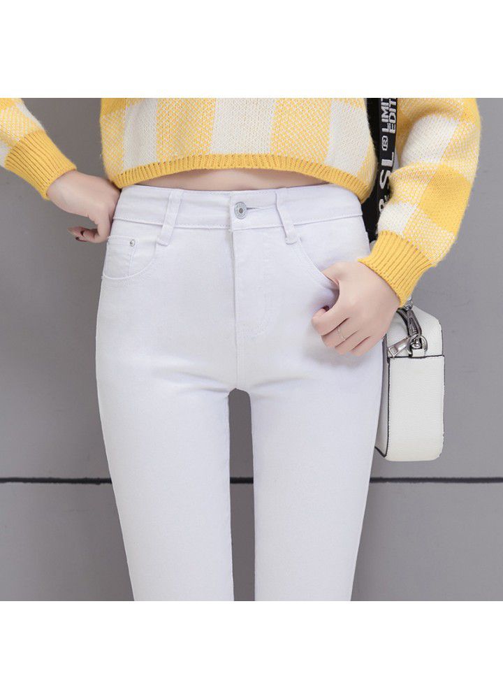Autumn new Korean fashion thin high waist white jeans women's Leggings elastic tight pencil pants