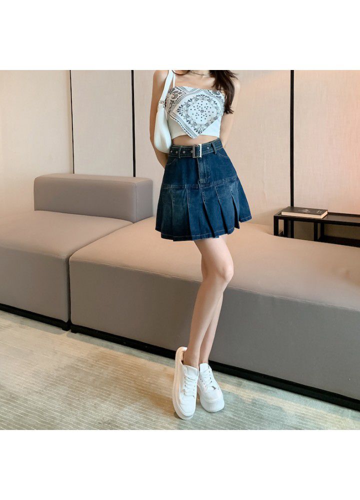 Skirt A-line summer thin 2021 new high waist loose thin fashion pleated denim skirt small skirt