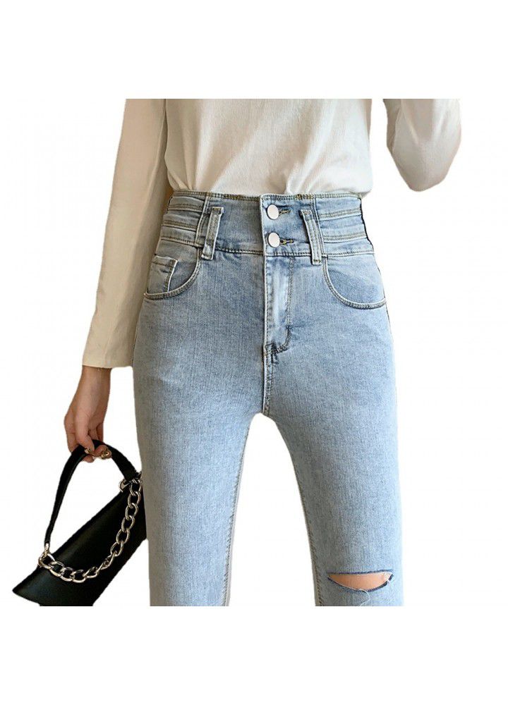 Spring 2021 new real shot hole casual jeans Leggings black elastic high waist tight pencil pants female