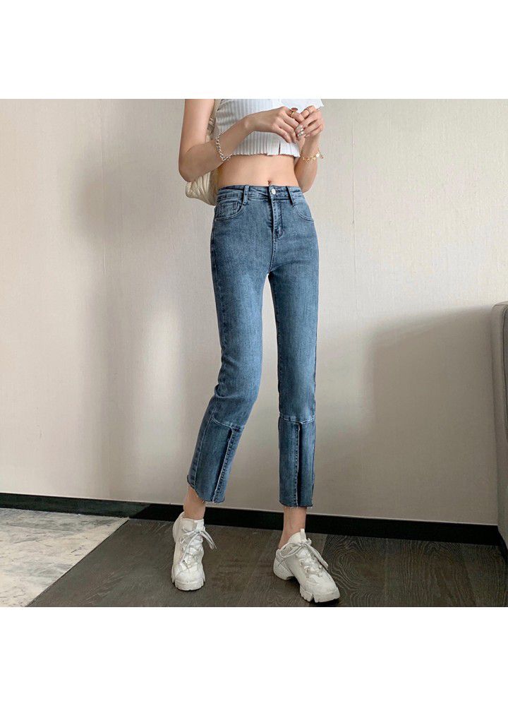 Real photo of spring 2021 stretch jeans women chic straight tube splicing show thin high waist 9% summer fashion