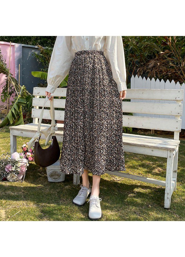 Real shot Chiffon floral skirt women's 2021 spring and summer new Korean high waist small mid length pleated skirt